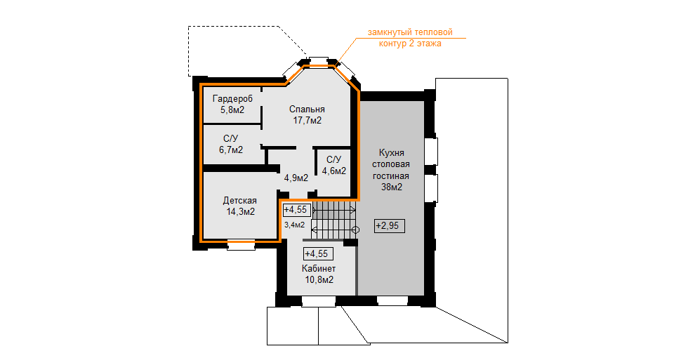 План второго этажа с увеличенной спальней и дополнительной кухней